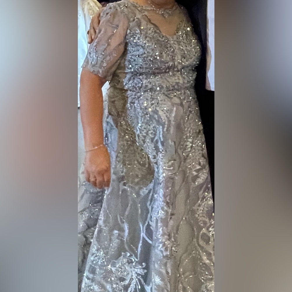 Flowing Gown for mother of the bride or groom. Color gray, beaded. Size 14-16